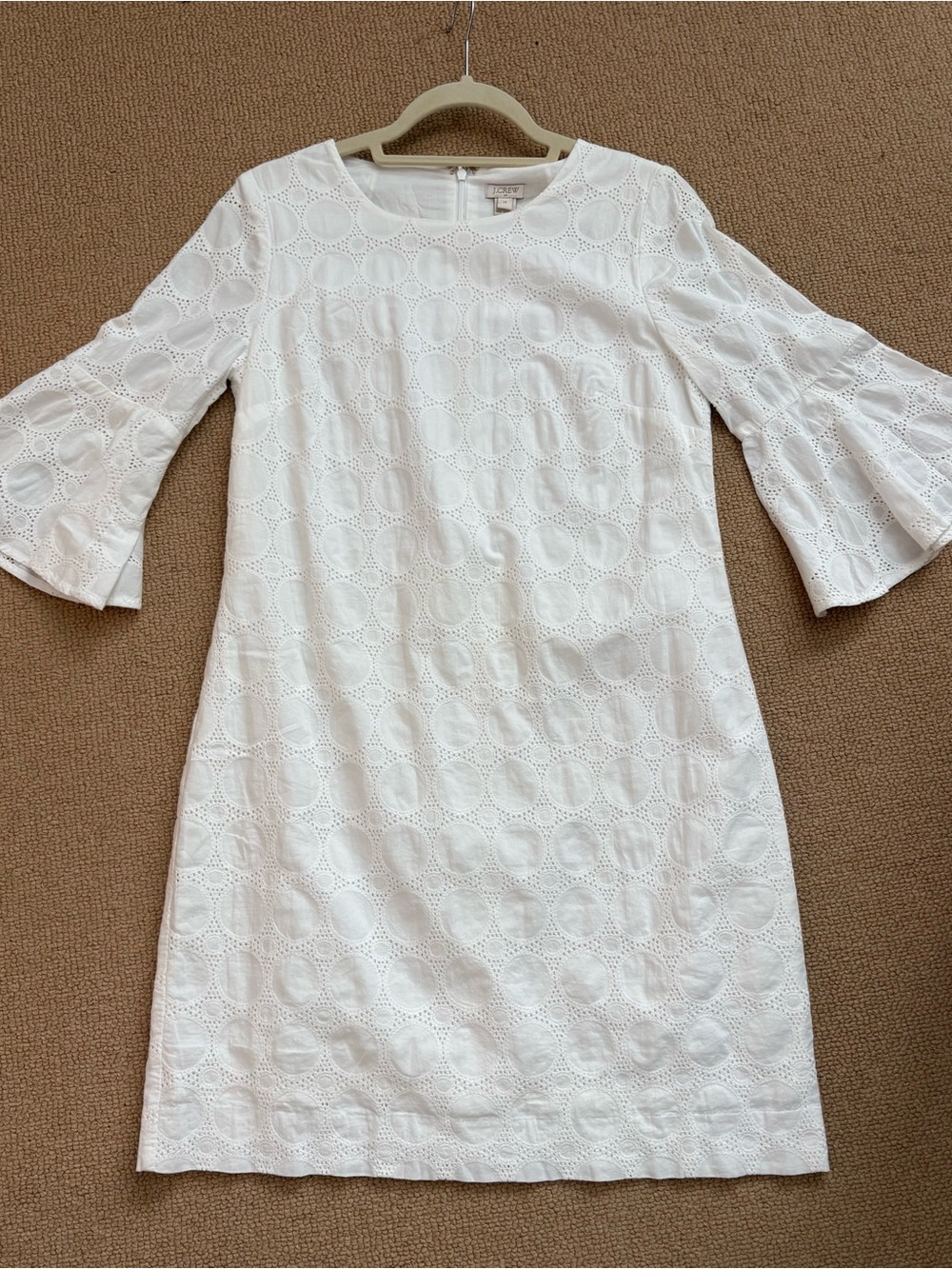 NWT J. Crew White Eyelet Shift Cotton Dress with Bell Sleeves, XS